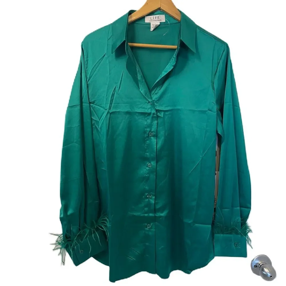 L.I.F.E Love is for eternity Faux Feather Trim Green Women's Blouse (Size L)